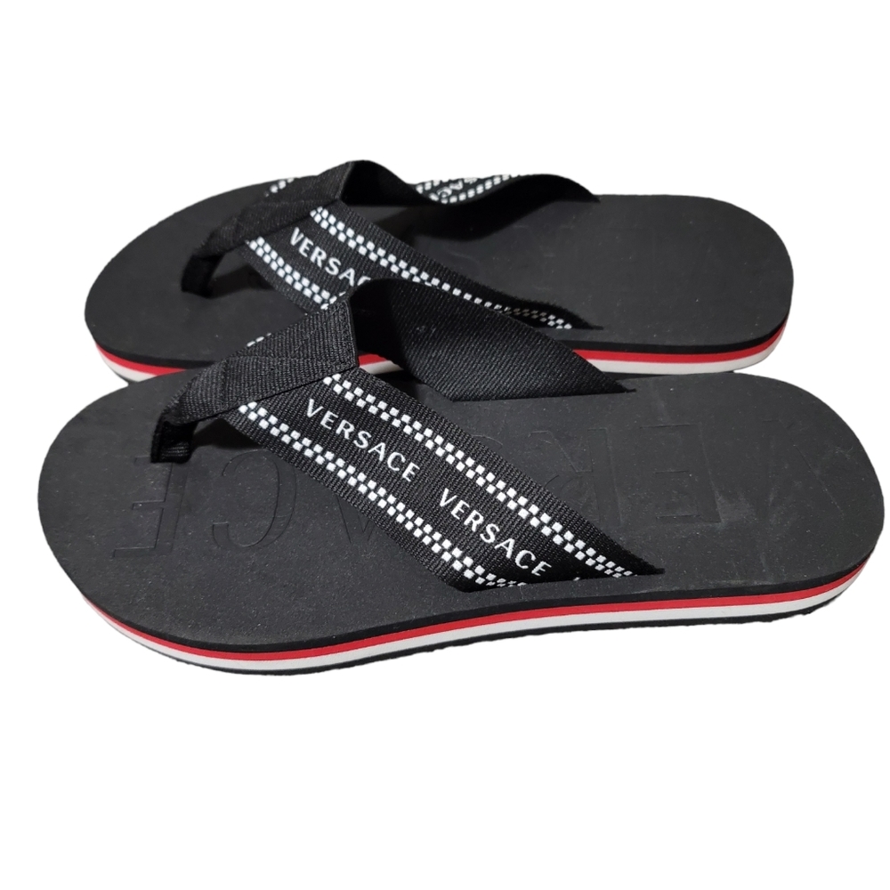 Versace Mens Red and Black 90's Logo Flip Flops
